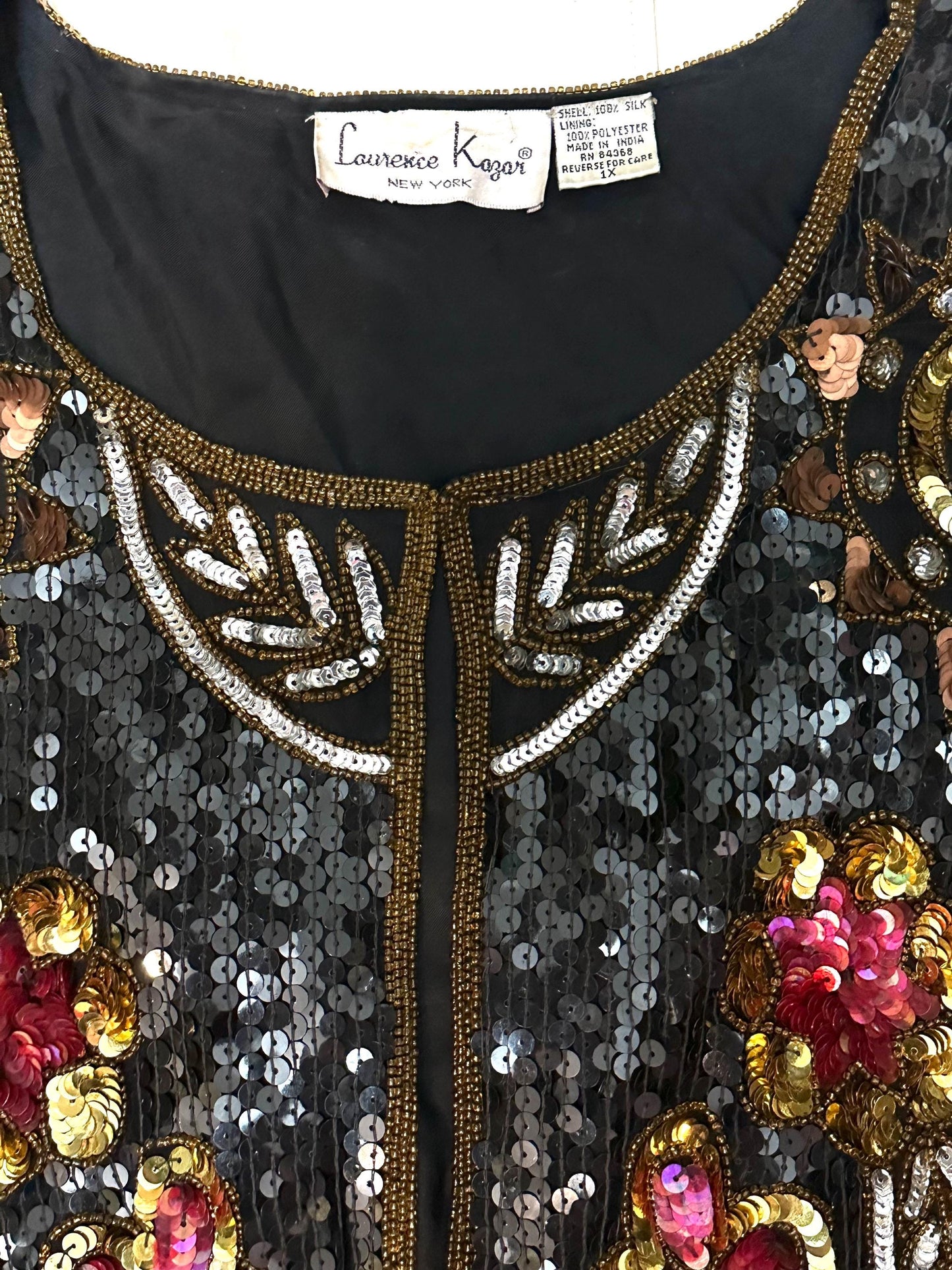 Lawrence Kazan silk jacket fully hand embroidered w sequins & beads, mint sz XL