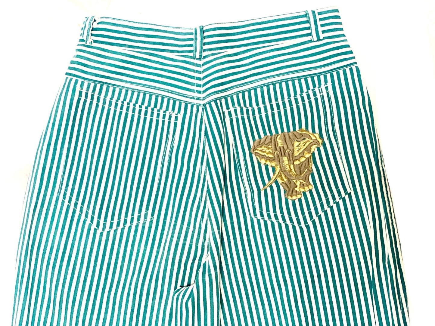 Mania preppy white/green striped trousers w elephant embroidered, sz 28/ 42 ita NOS 80s Italy