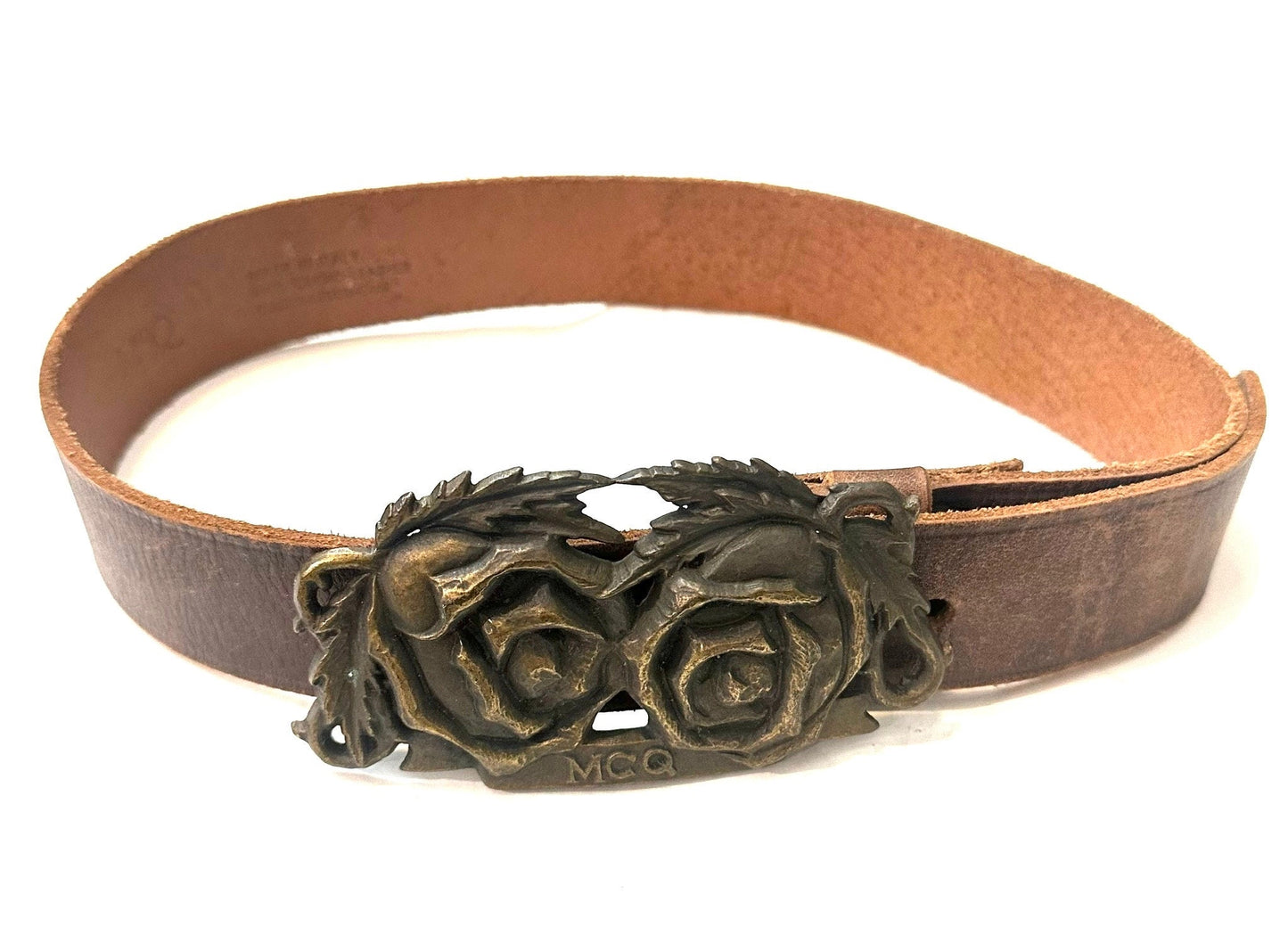 McQ by Alexander McQueen western style tan leather belt w antique brass roses buckle, mint sz 75