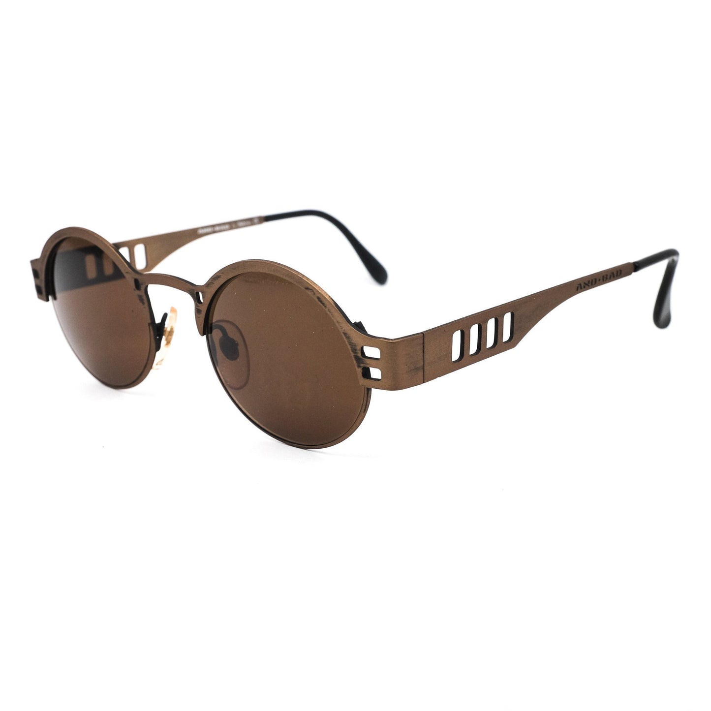 AndBad round steampunk sunglasses w cutoff detailed temples, made in antiqued brass metal , NOS 80s Italy