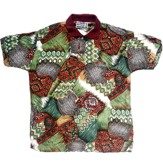 Missoni Sport cool Navajo inspired print cotton polo shirt in green/ burgundy and brown tones, great condition sz L