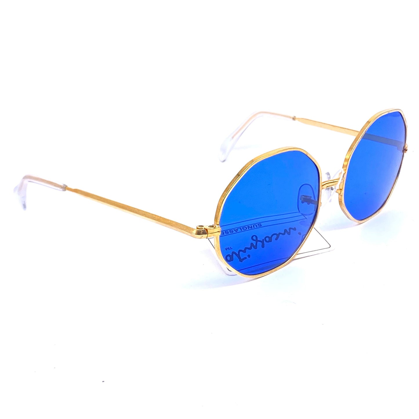 Incognito oversize octagonal sunglasses in golden metal w blue crystal lenses, NOs 70s Japan