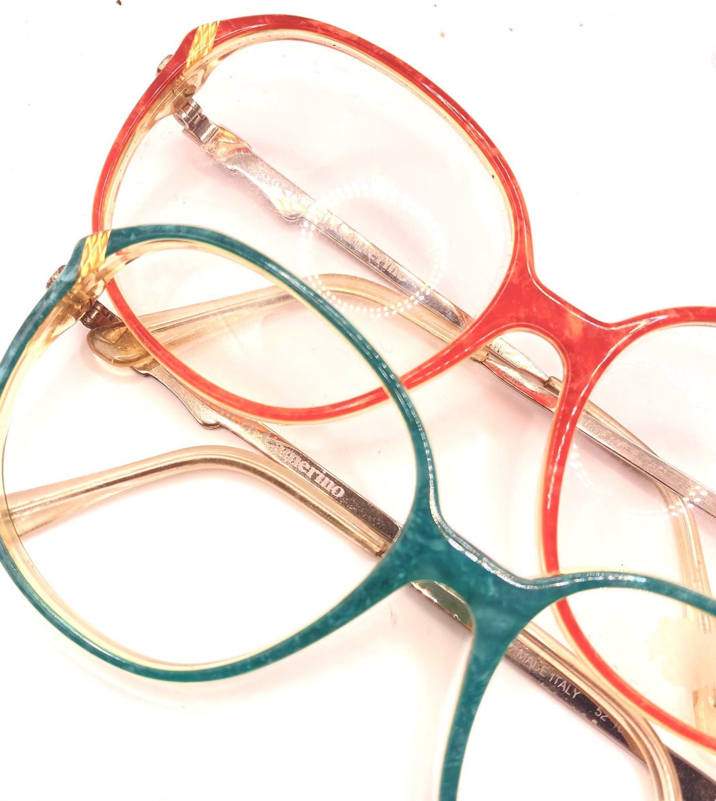 Roberta Di Camerino V35 oversized eyeglasses green/red marble frames w signature buckle temples, NOs 80s