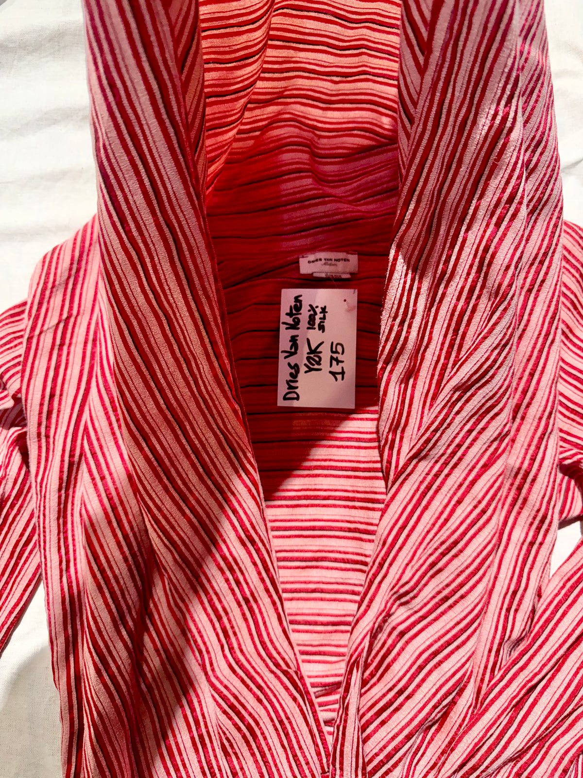 Dries Van Noten striped red-cream silk jacquard ladies blouse-top w hood-wide collar, sz M, perfect