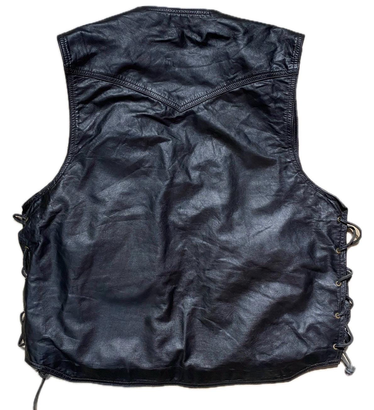 Harley Davidson black leather utility biker vest w 6 pockets 1980z ca made in USA, XL as New!