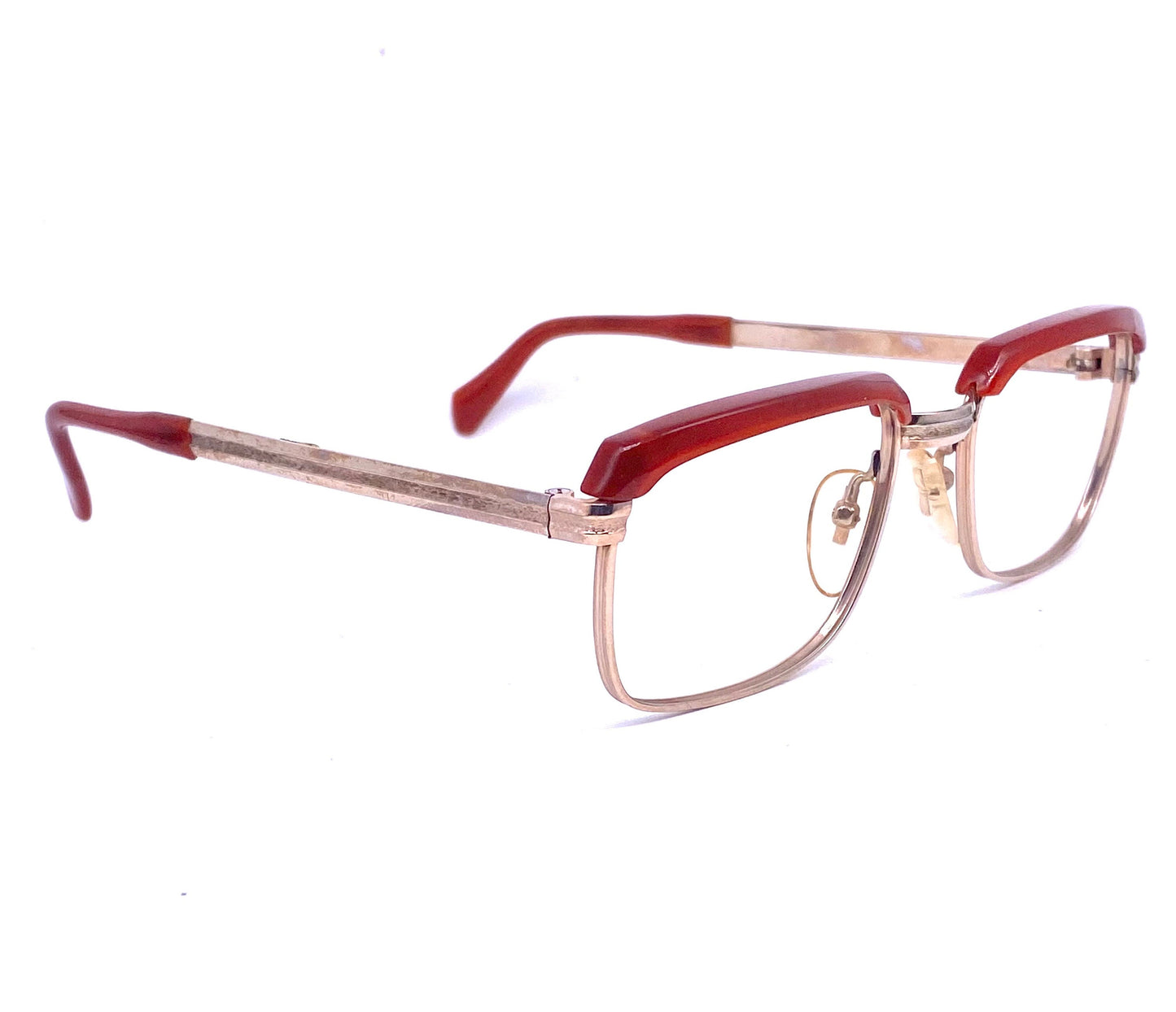 Safilo 1960s NOS square 20k gold plated eyeglasses with brick brownish red brows, mint