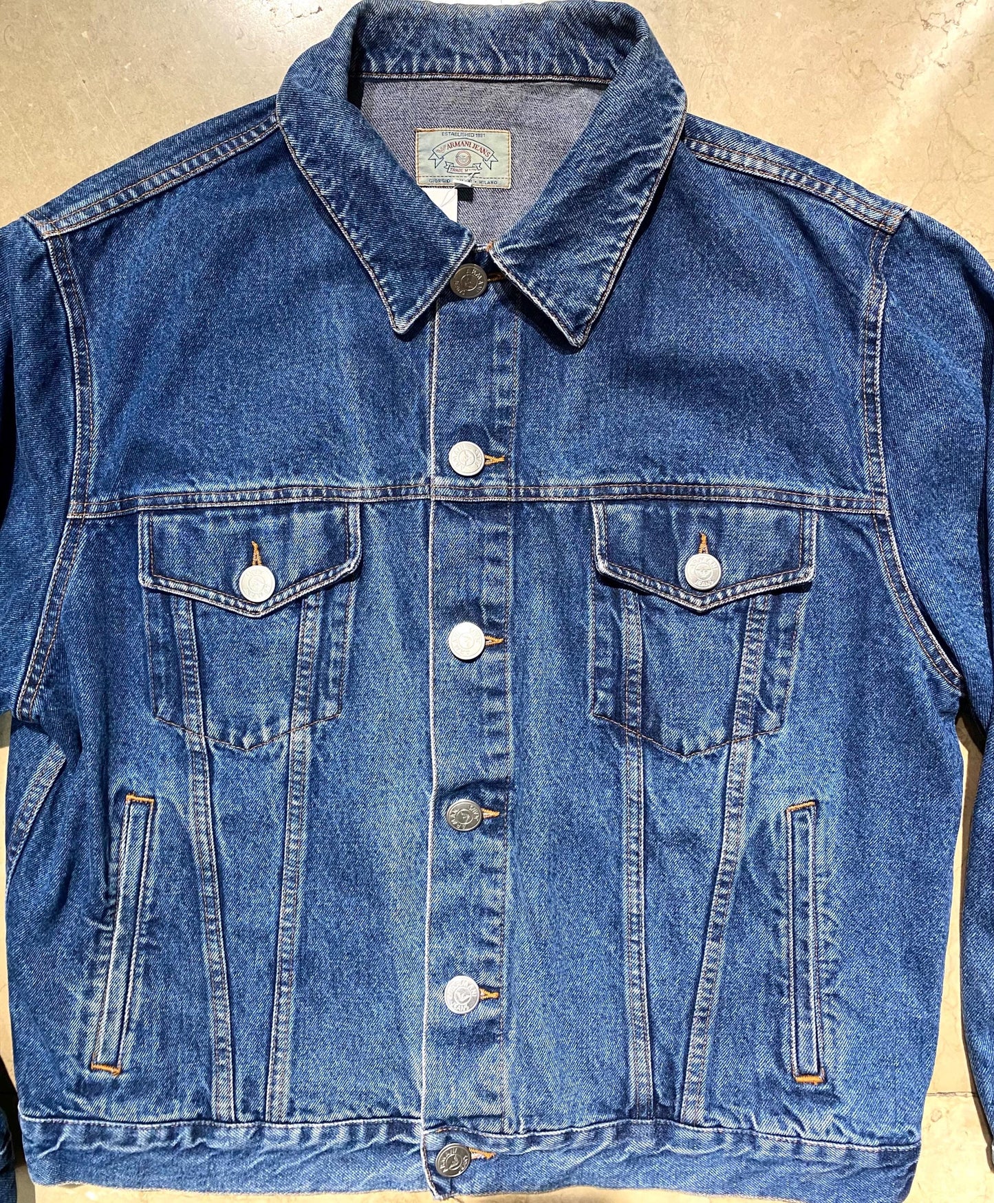 Armani Jeans classic indigo denim trucker w big embossed logo buttons, sz L, looks as new