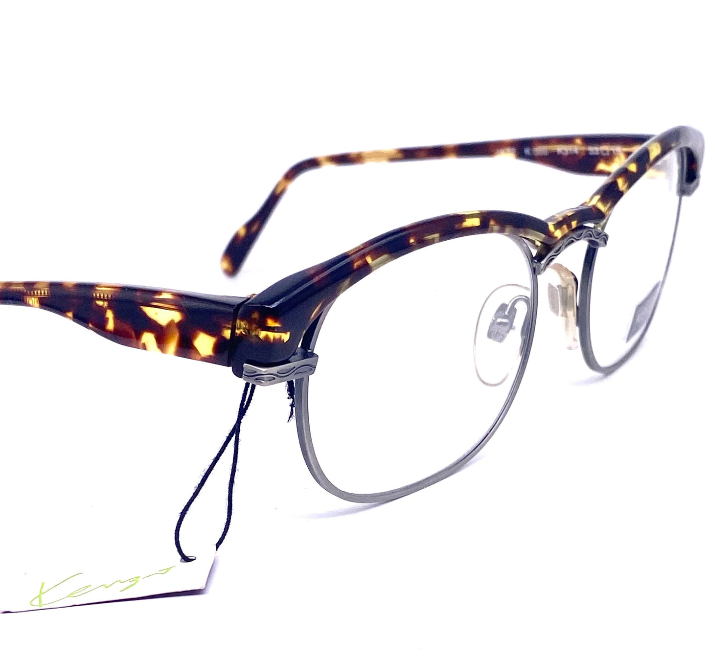Kenzo Jazz K059 rectangular carved gunmetal frames w avant-Garde tortoise browline, 80s NoS France