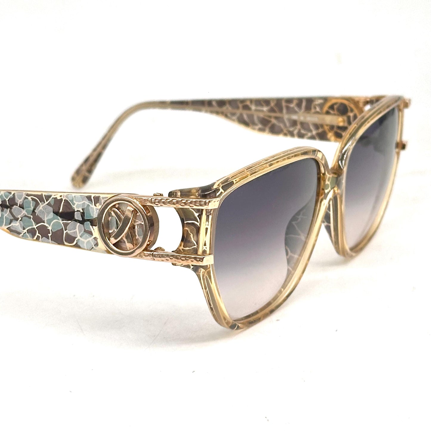 Paloma Picasso 3860 optyl crackled glaze frame in brown, green, gold and turquoise shades, gold logo emblem detail on the temple 90s NoS