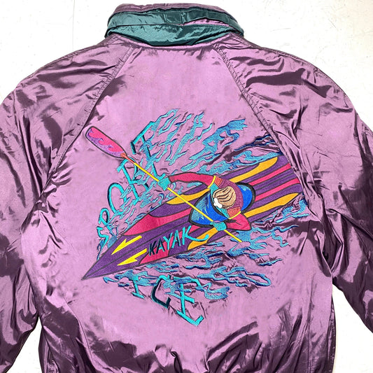 Iceberg sport purple puffer jacket with big & colorful Kayak embroidery, new with tags sz L