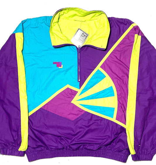 Brugi 90s colorful cotton pullover windbreaker, purple / turquoise/ neon yellow geometrical pattern, new with tags