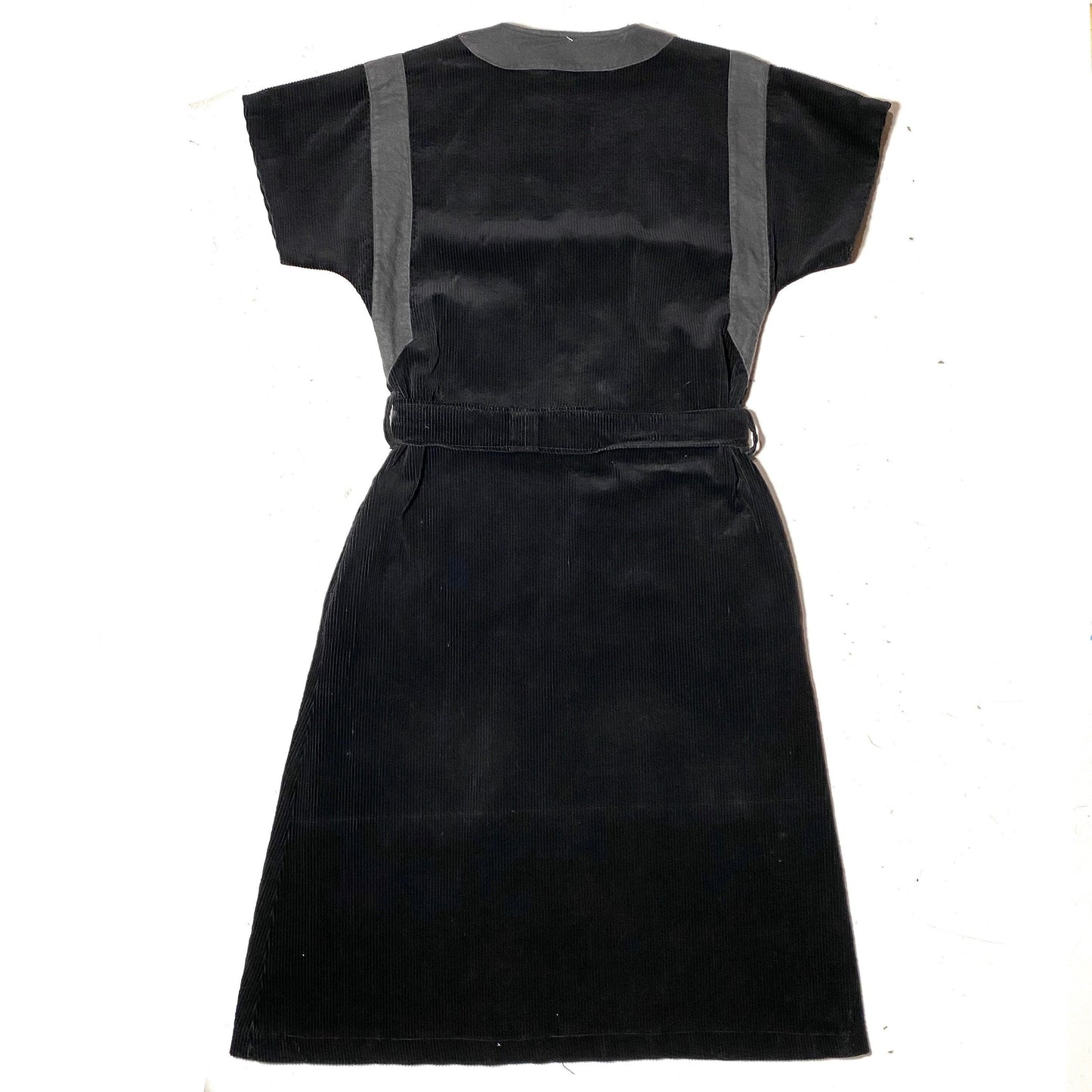Tailor made black corduroy dress with deep keyhole collar, great condition