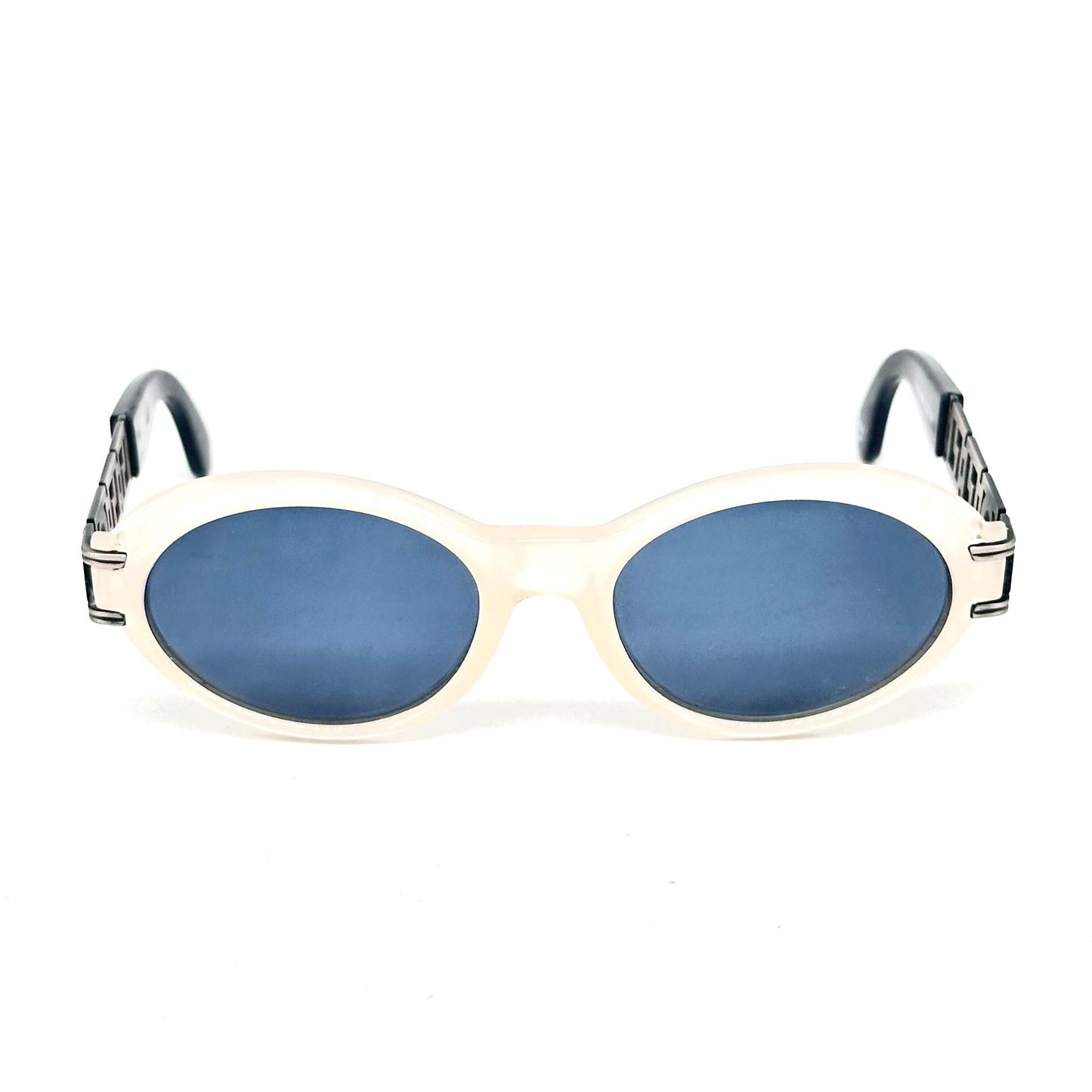 Gianni Versace 486 vintage matt white oval sunglasses made in Italy with Medusa logo detail in greek key on the silver temples NoS 90s