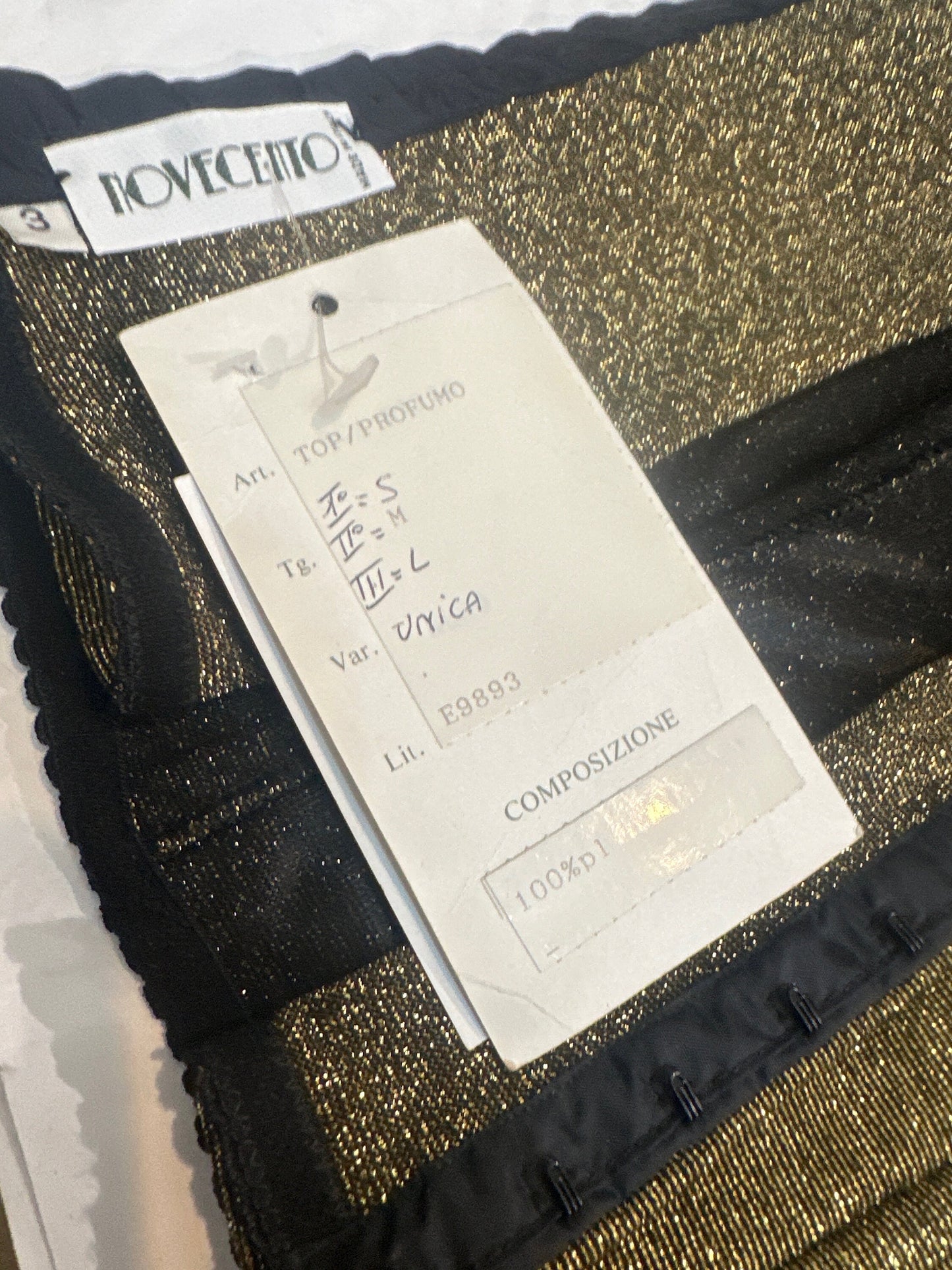 Novecento Maritime golden corset top w navy rope & golden metal shells, NOS 80s