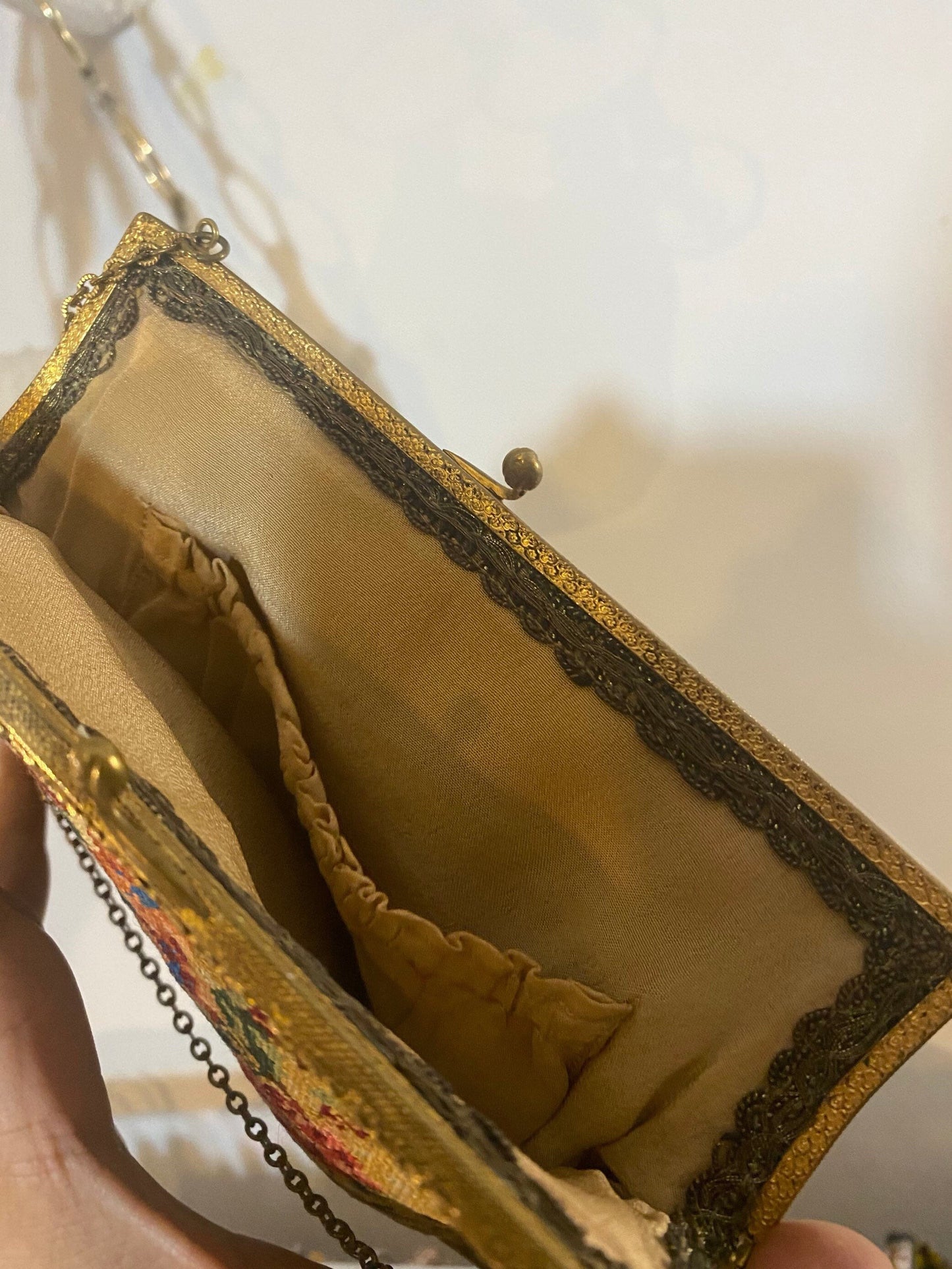 Auth. 1920s petit point crochet hand bag with floral motif and brass frame and chain, 1930s ca, mint condition.