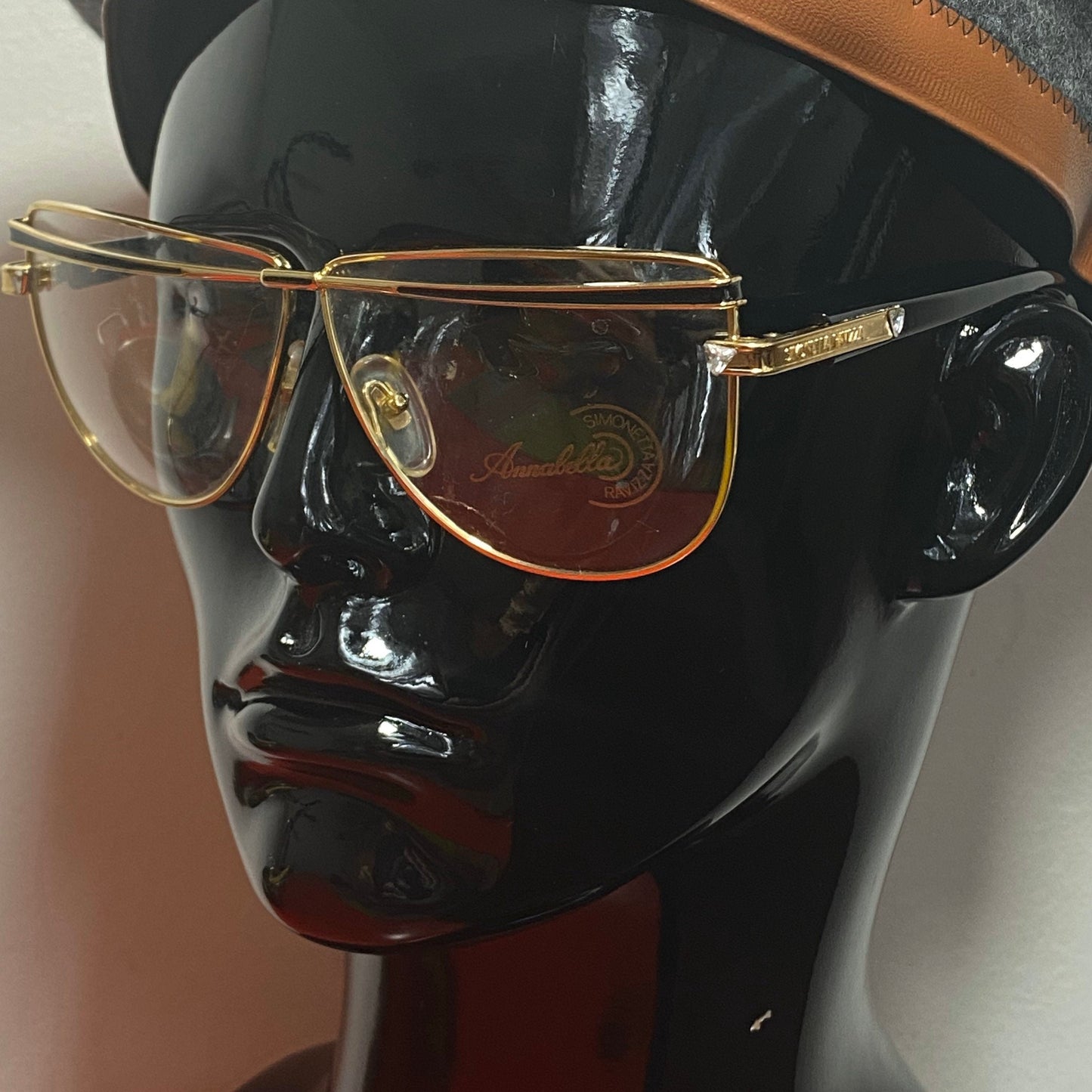 Luxury Annabella eyeglasses with golden oversize frame with rhinestones and enamels, 80s