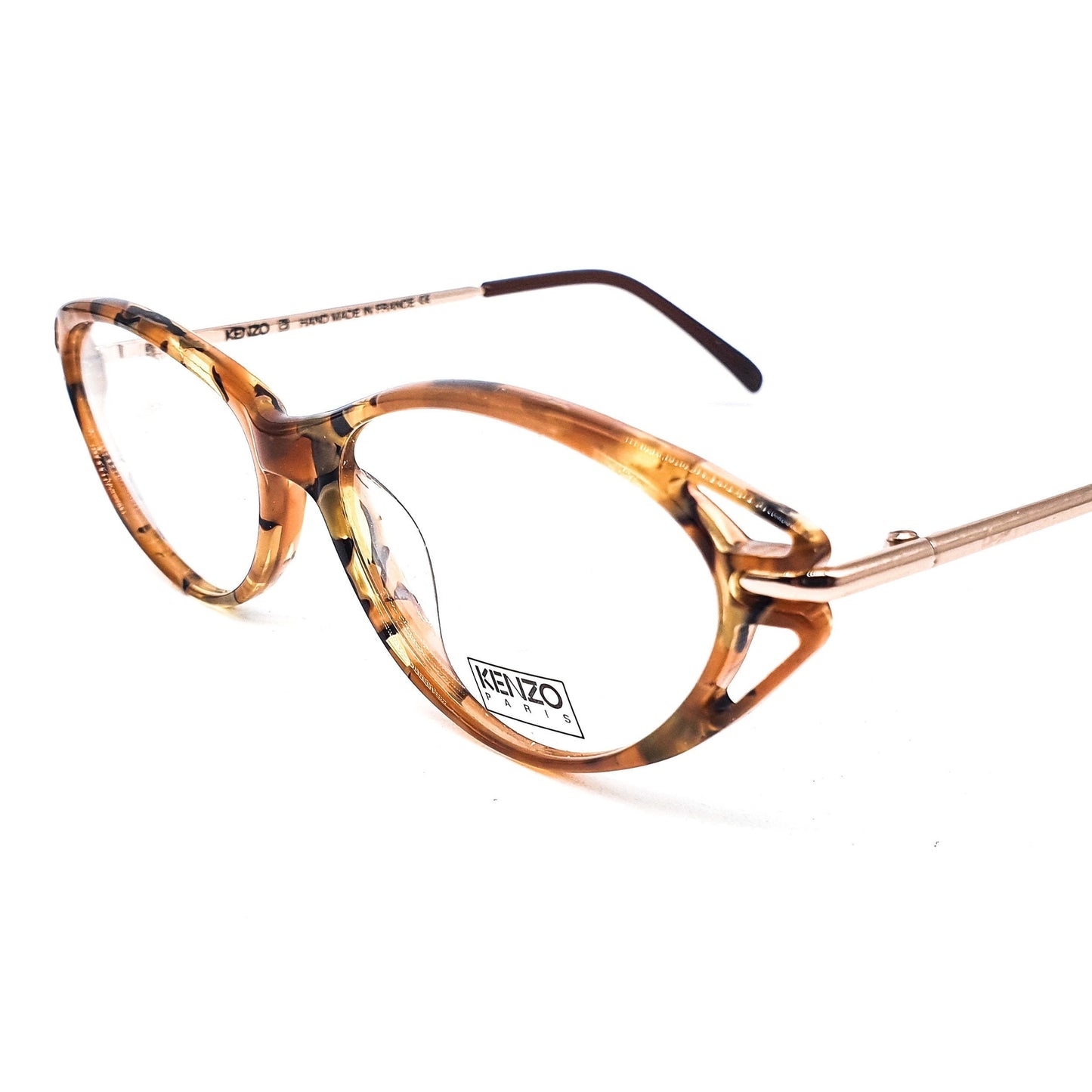 Kenzo k156 mosaico vintage classic cateye style semi amber acetate eyeglasses frames with cut off end part design, 80s France