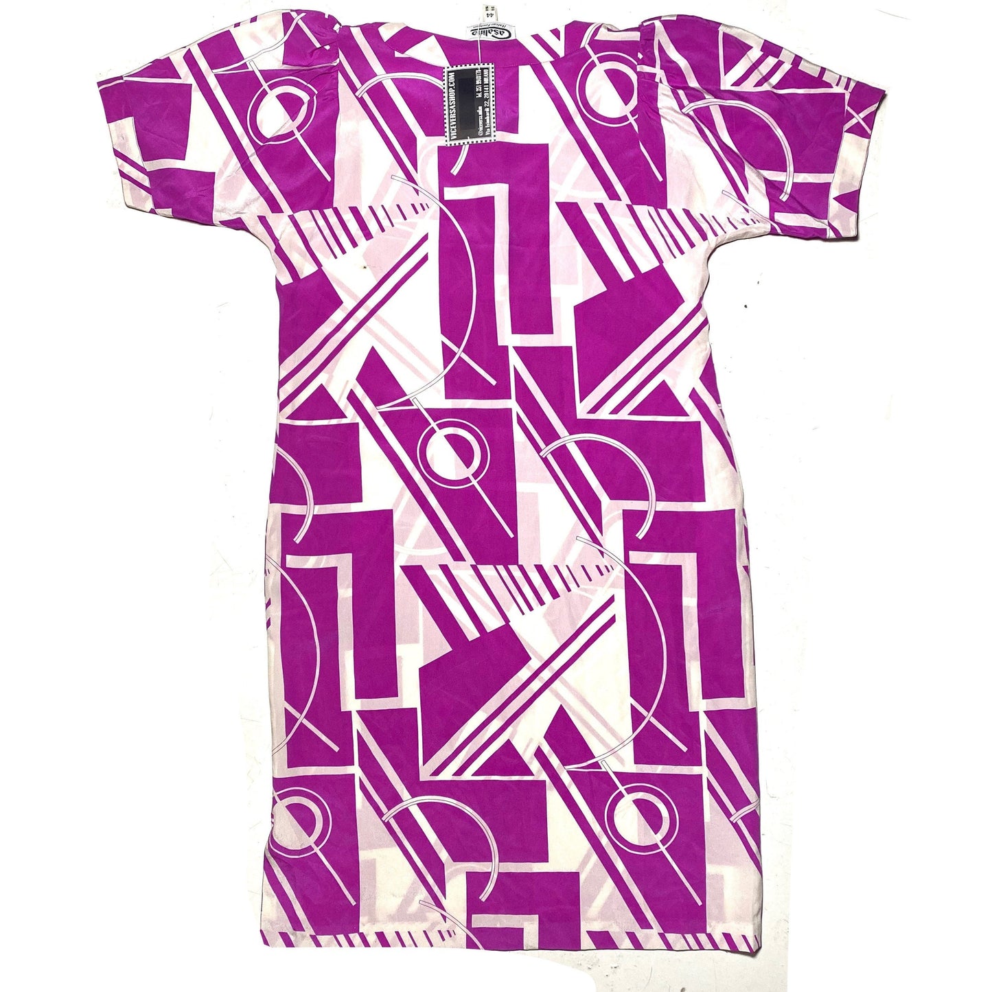 Coolest 1980s pure silk purple/white  abstract allover blouson dress made in Italy, as new