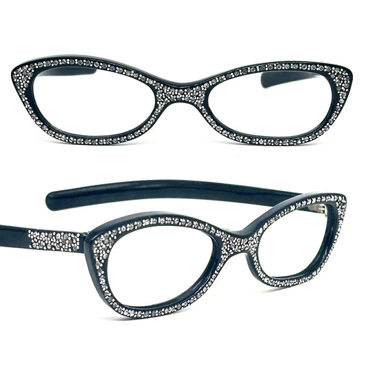 Black vintage cateye glasses with Swarovski all-over decoration for ladies Made in France luxury details 50s style