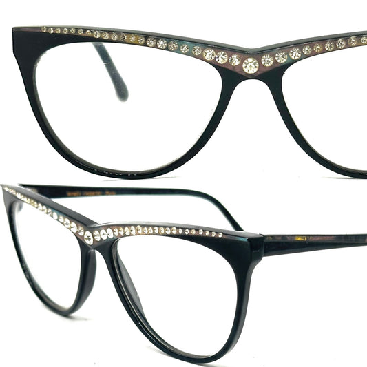 Renée Chantal Paris stunning black cateye frame with pearl and rhinestones details, NoS 70s France