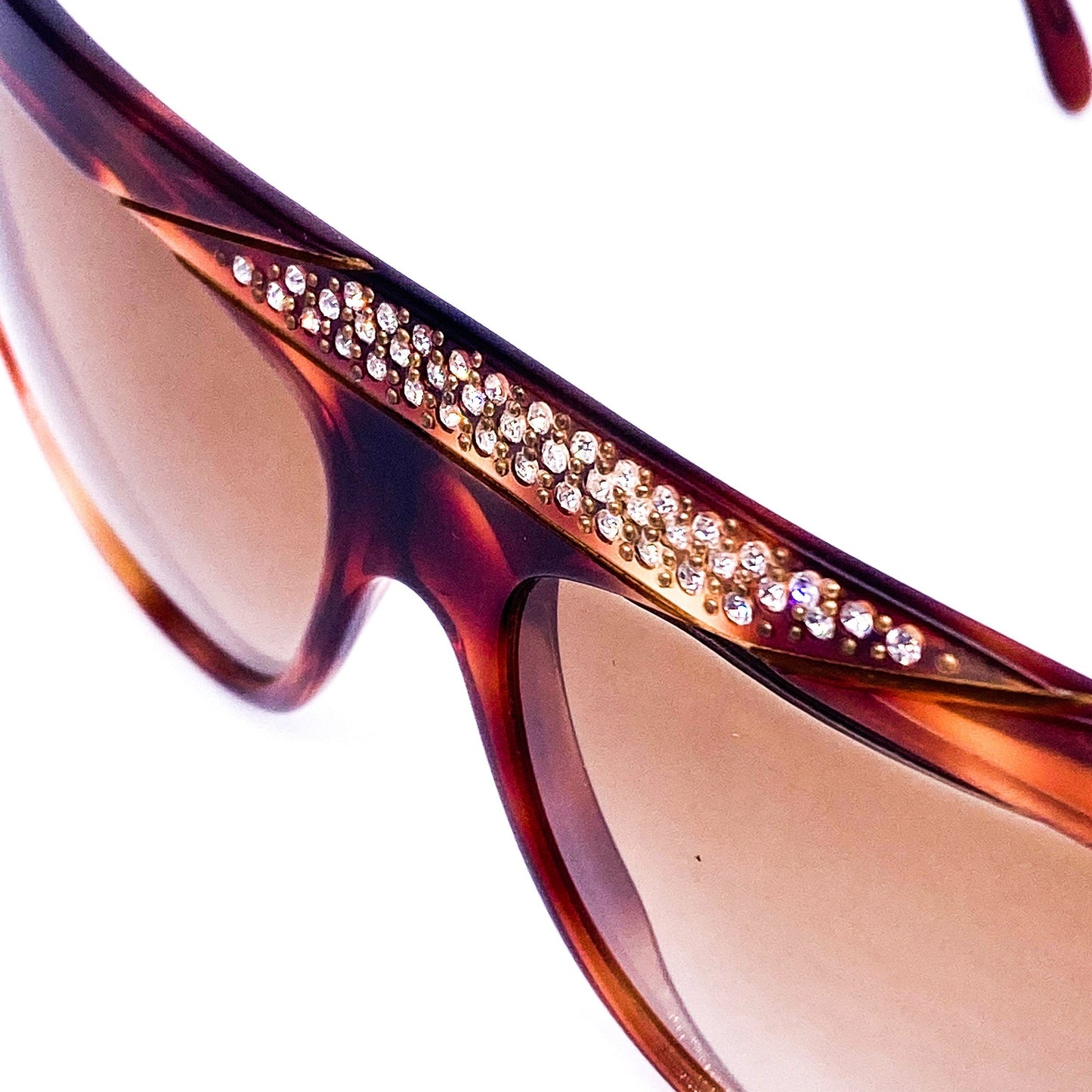Premiere 104 P1 cello brown tortoise sunglasses enriched with rhinestones and a thick flat browline design, Made in France in mint condition