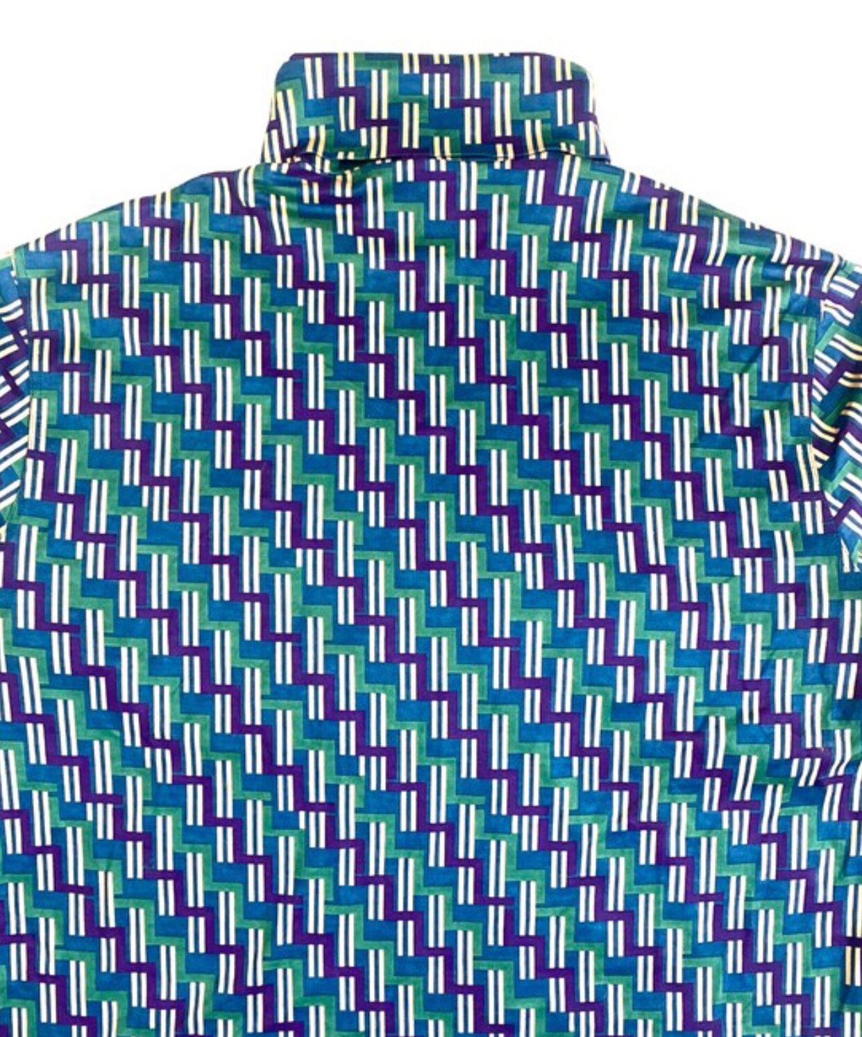 Trussardi 70s style cotton turtleneck jumper w geometrical allover in green, blue and beige, mint