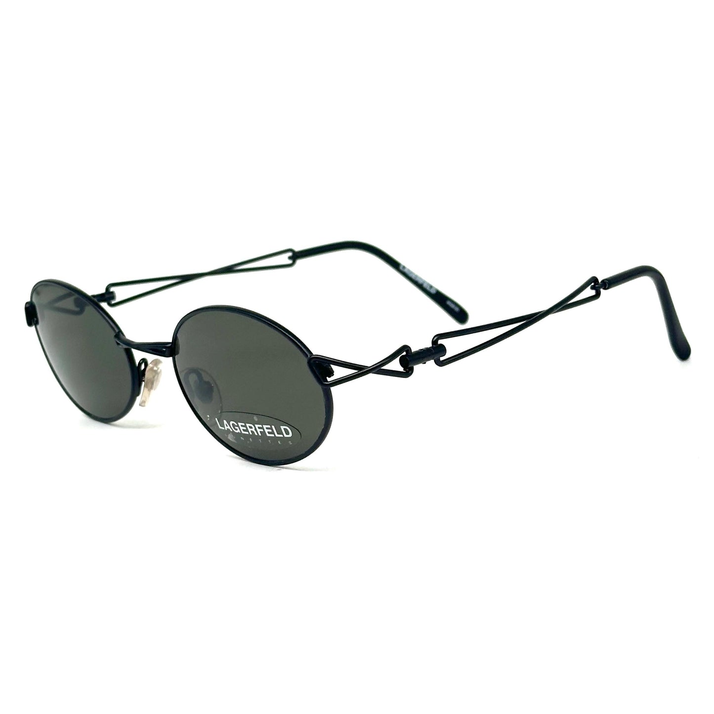 Karl Lagerfeld 4124 01 black oval steampunk sunglasses intertwined temples 1990s, NOS