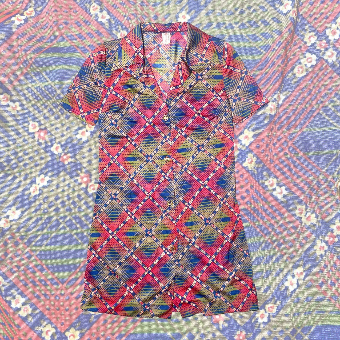 Diana 1970s mini shirt dress, red/blue/green checks & lil’ flowers allover, new old stock