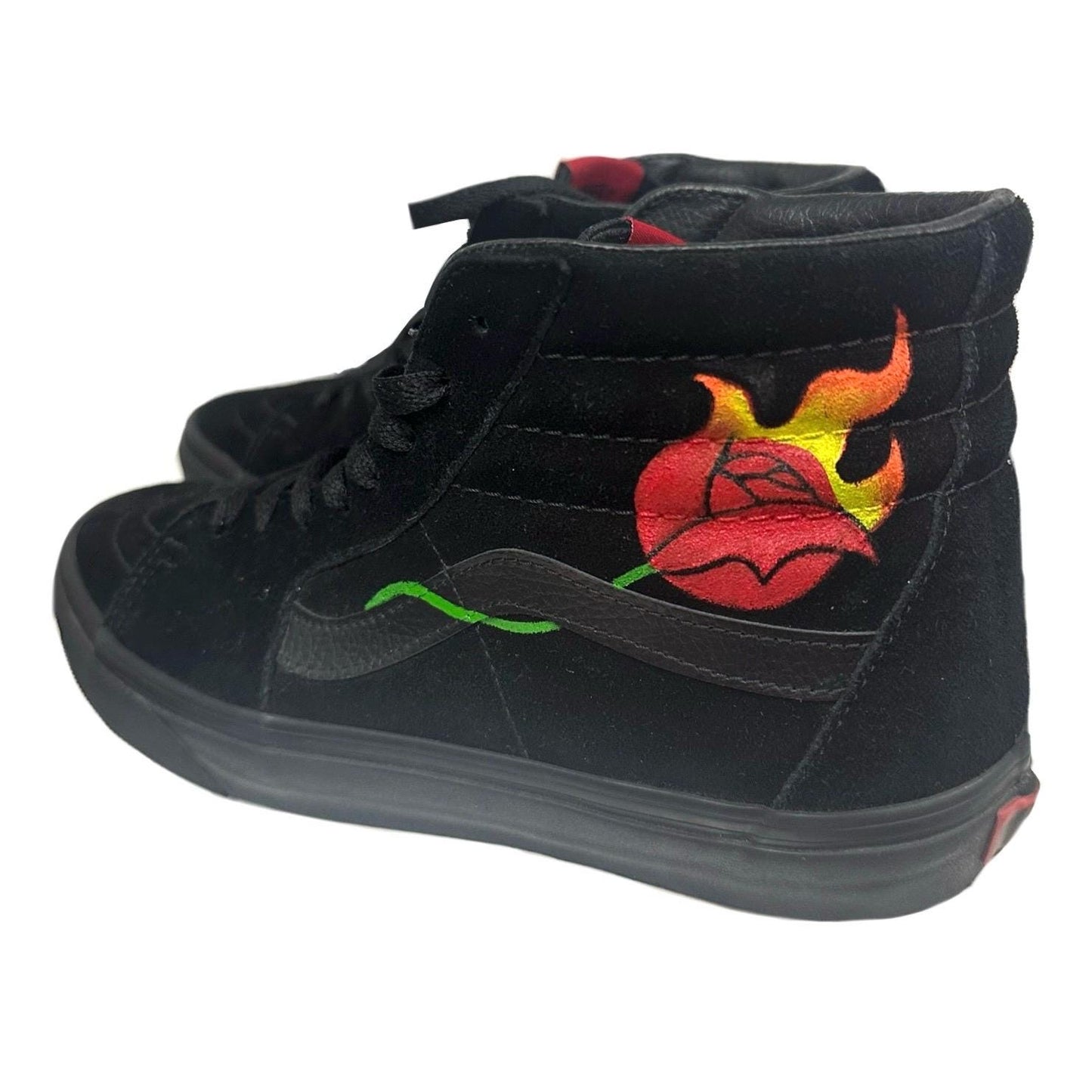 Vans SK8-HI black suede and leather interior hand painted custom with a burning red rose size EU 41 US Men 8.5 / Women 10