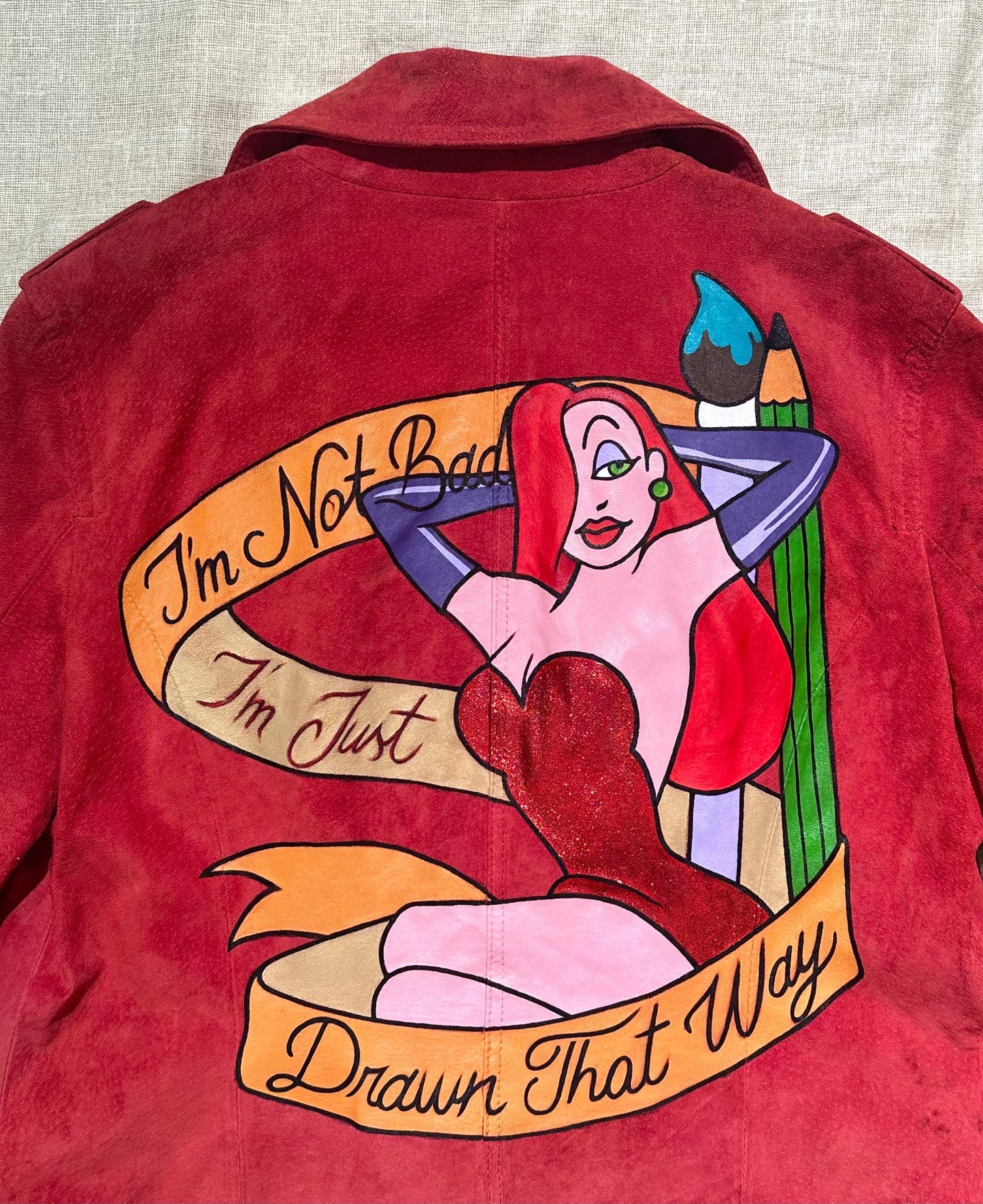 Jessica Rabbit custom painted upcycled vintage jacket for woman, hand paint disney garment design