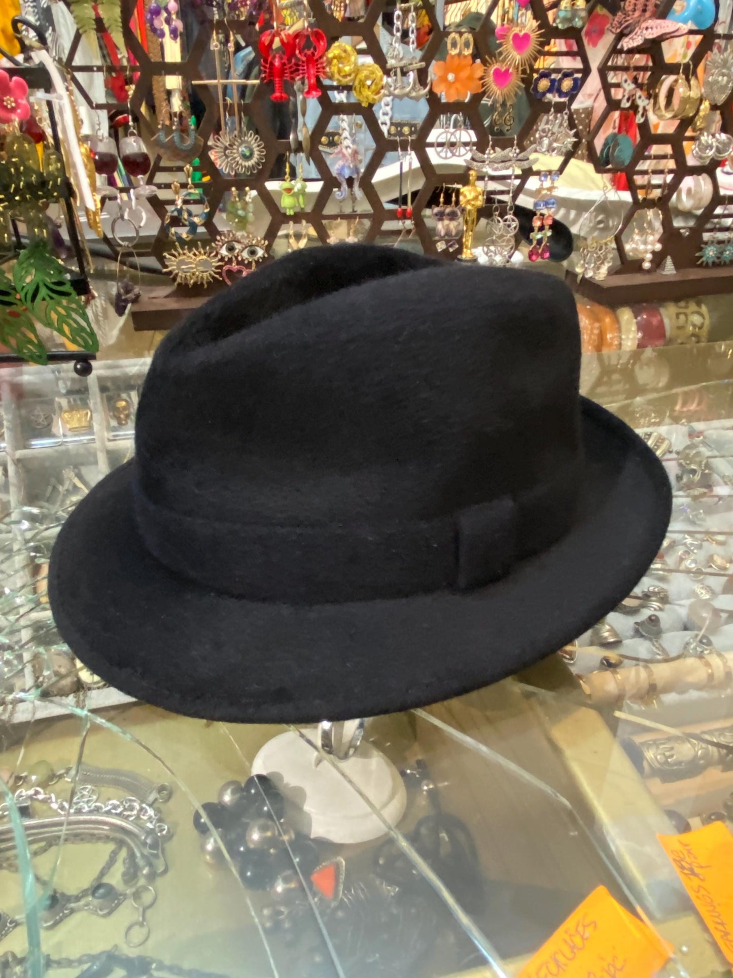 Borsalino Luxury black Velour trilby - fedora elegant hat, Italy 1970s NOS