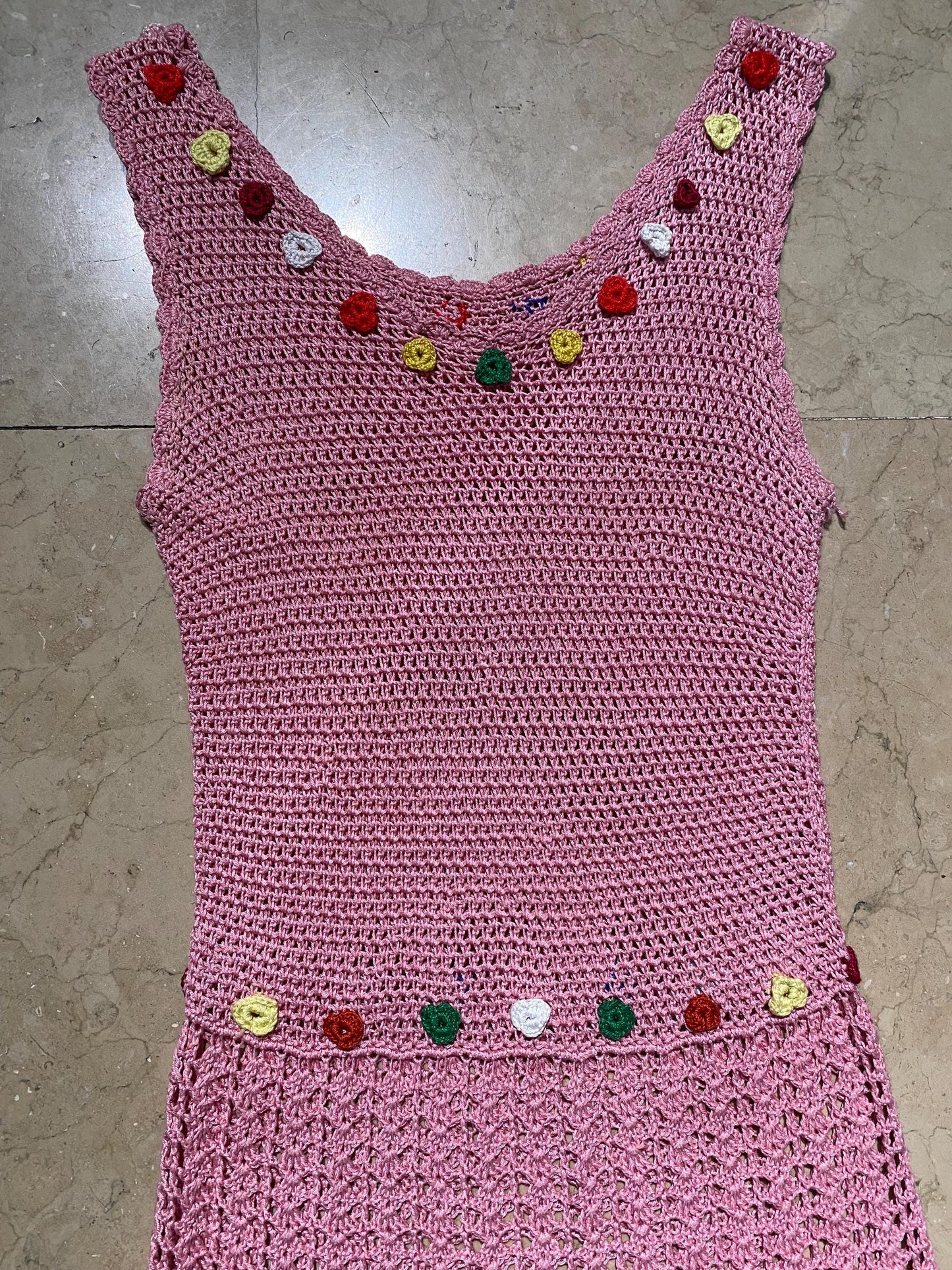 Cutest 1of1 hand knit pink cotton crochet dress w embroidered flowers, mint