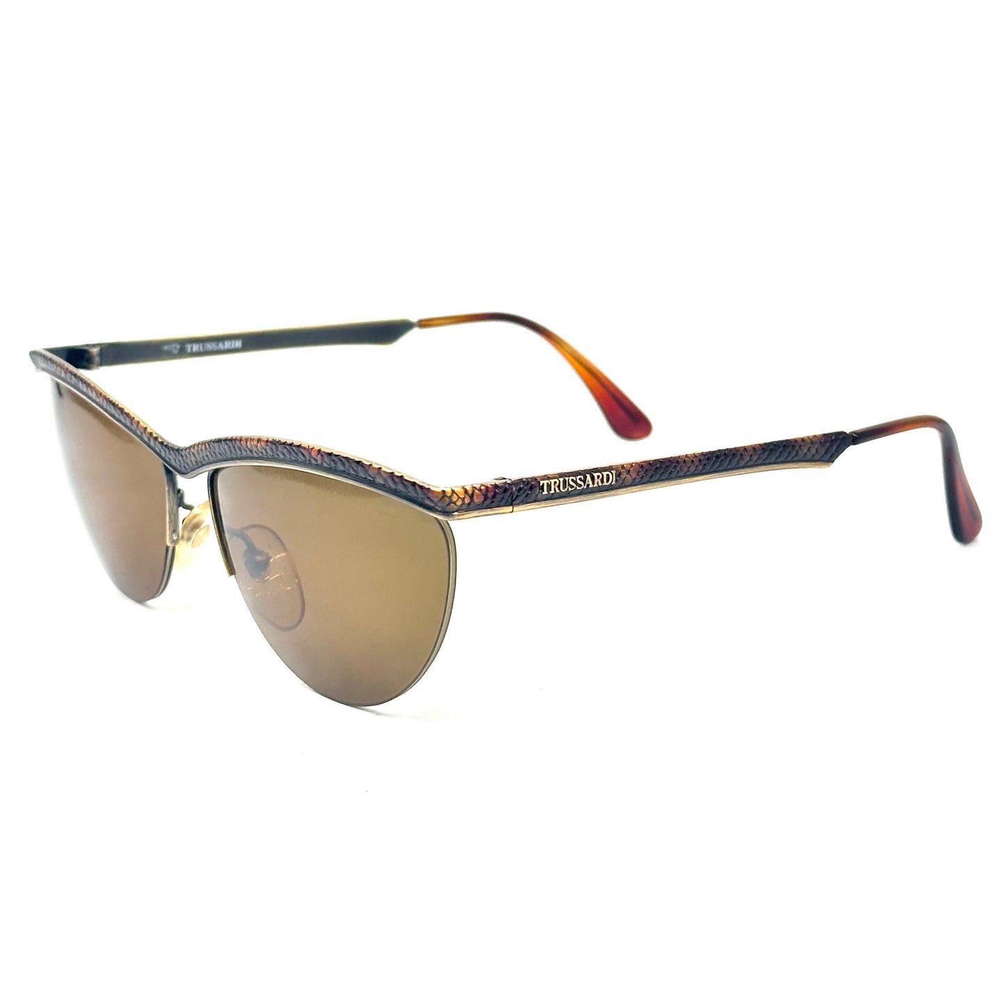 Trussardi TS013 classy metal cateye sunglasses w brown alligator texture and tortoise print, NOS 80s Italy