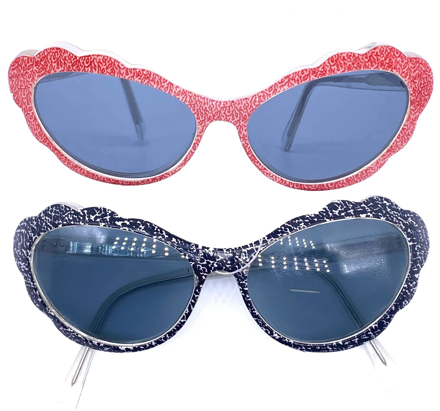 IDC 57 fancy cloud shaped cateye sunglasses, in black or red spray pattern, 1980s NOS France
