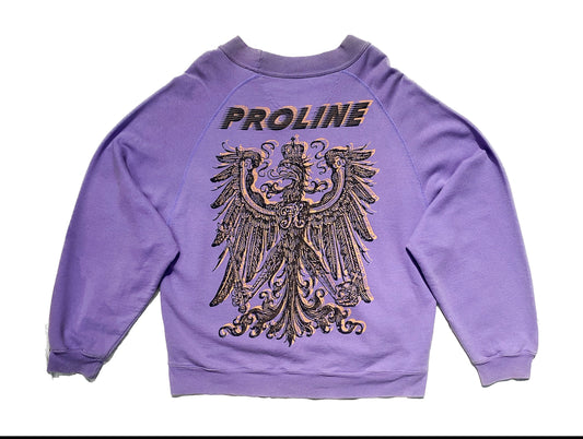 Proline JetSet felpa oversize in cotone girocollo lilla con stampa fenice serigrafica sul retro, anni '90 NoS