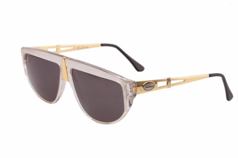 Borbonese luxury wrap sunglasses in white-clear cello with golden metal details and temples, NOS 80s Italy