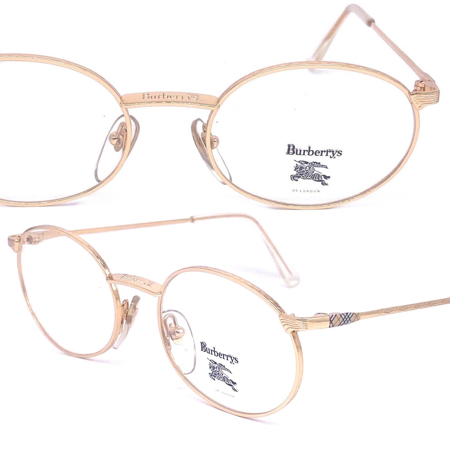Burberrys B56-01 montature per occhiali ovali metalliche dorate moderniste vintage con classico tartan sulle aste, NOS anni '90 Francia