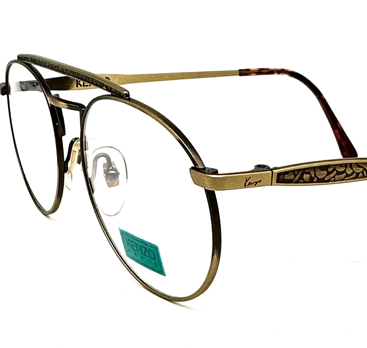 Kenzo 029 round dbl bridge aviator glasses frames w- carved deco details, NOS 80s France