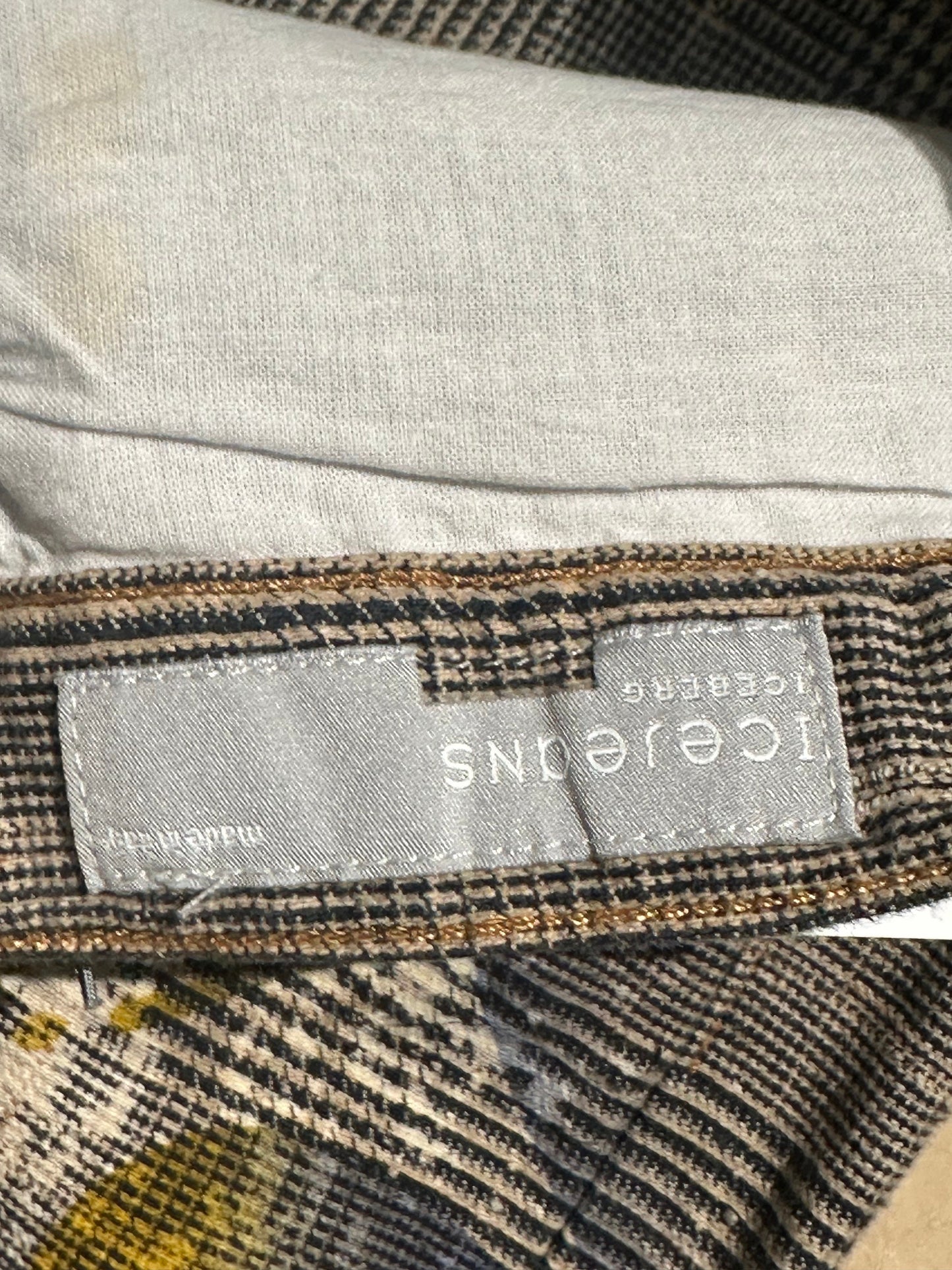 Iceberg Jeans flared checkered cotton trousers w pop- US flag inspired serigraphic hand print, stunning NOS 90s sz 32