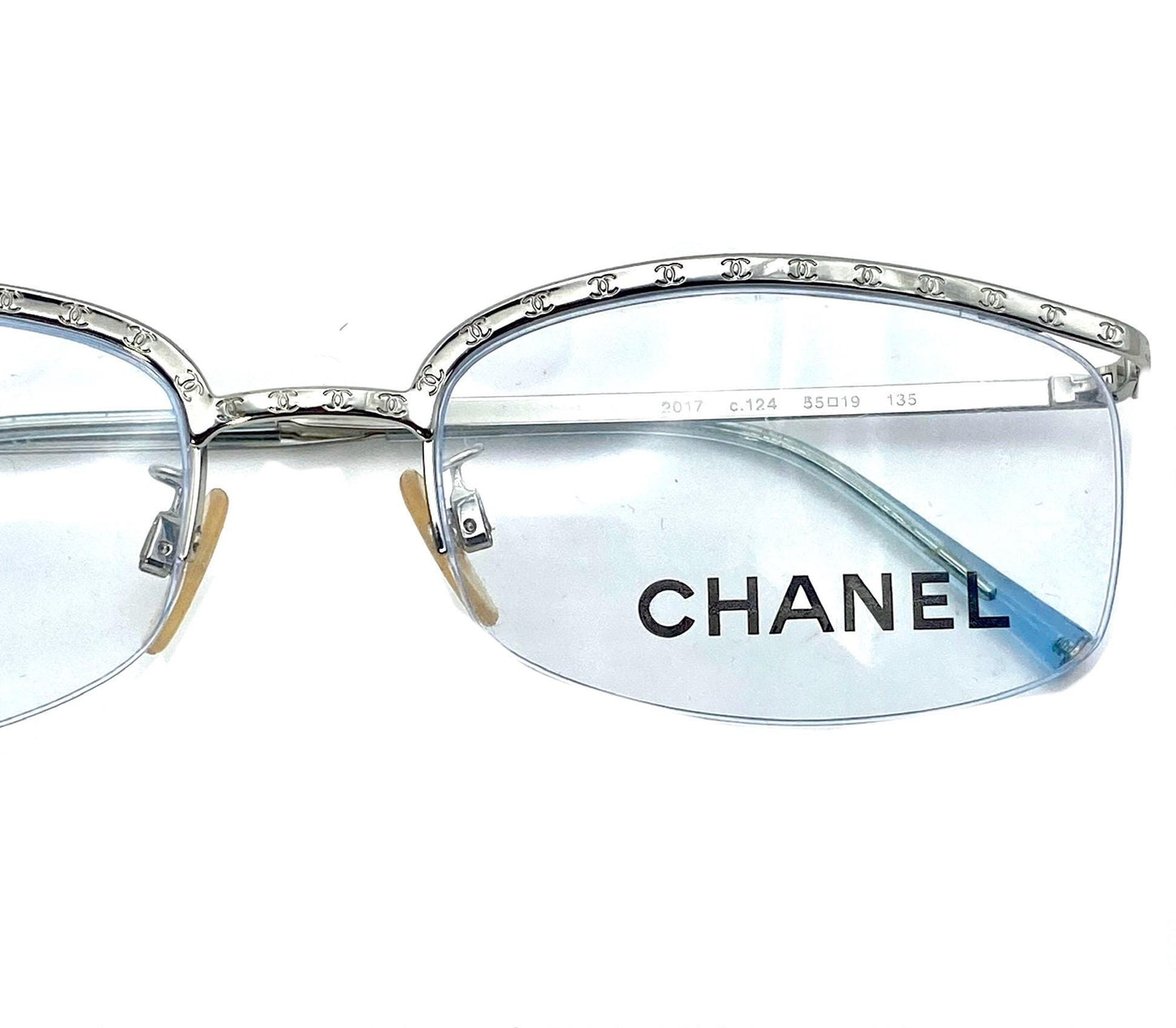 Chanel modernist half rim silver glasses w CC logo carved allover, NOS early Y2K mint