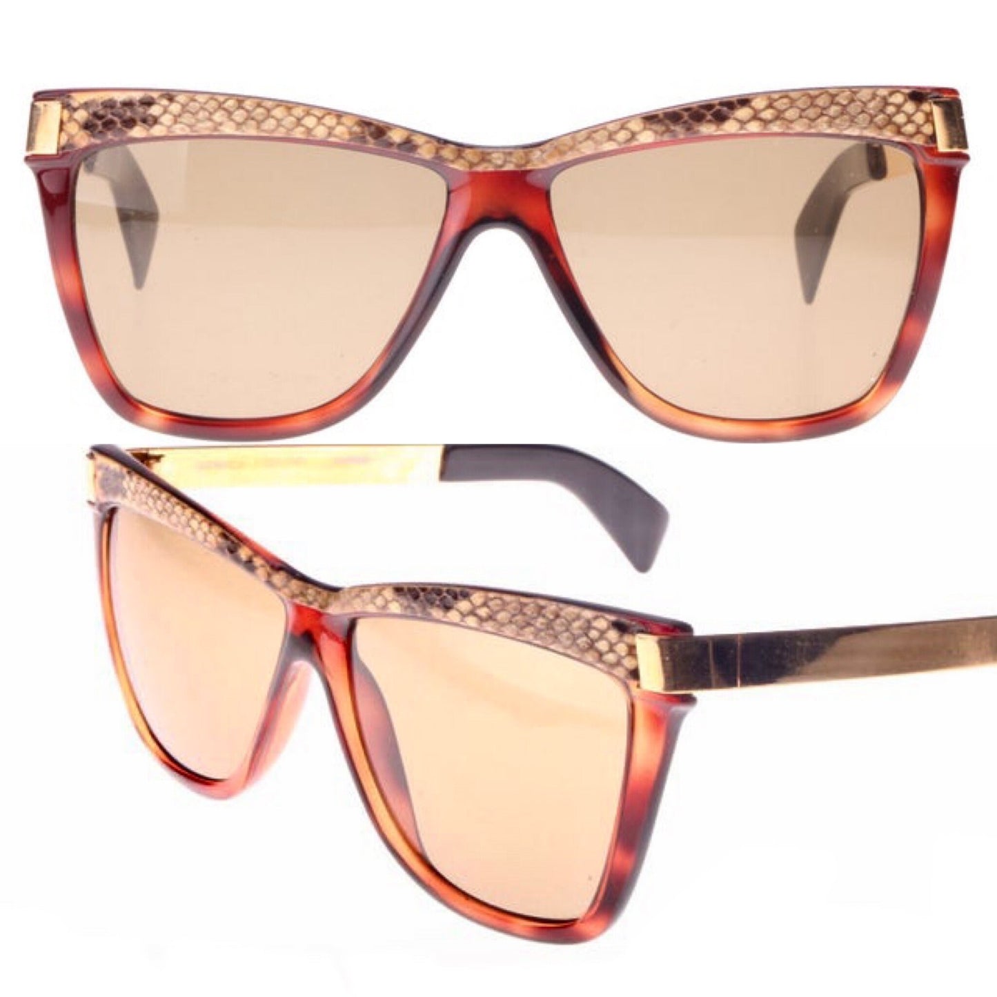 Morwen luxury square sunglasses w real snake inserts & golden temples, NOS 80s Italy