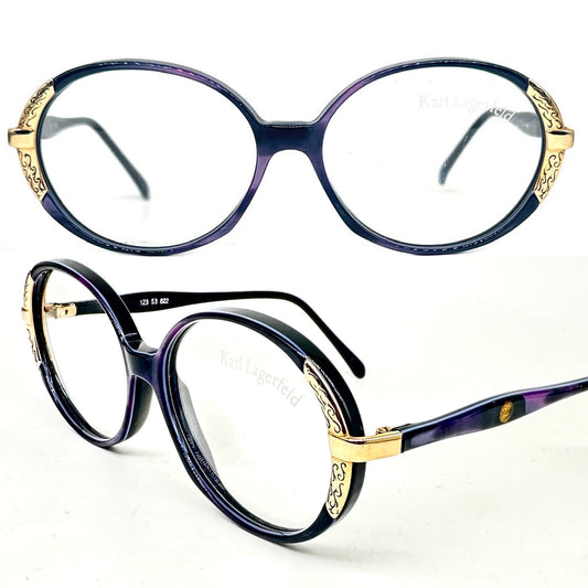 Karl Lagerfeld 80s NOS oval ladies frames, purple pearl cello w/ golden decò carved details, beautiful