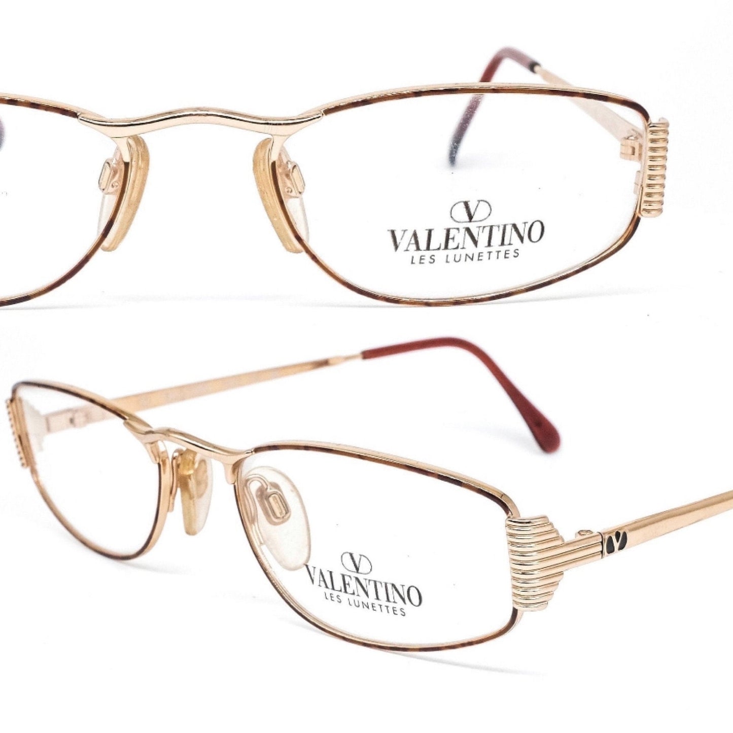 Valentino V374 golden reading eyeglasses frames with carved details. NOS 90s Italy