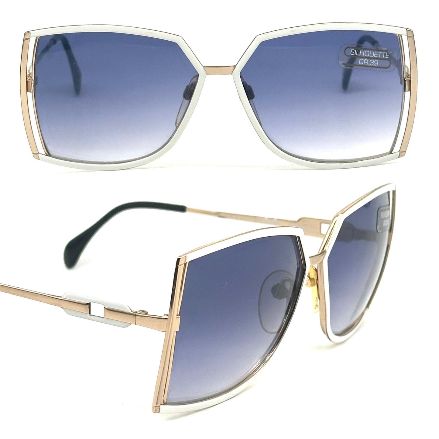 Silhouette 8010 vintage squared white and gold metal frame, blue gradient lenses sunglasses 1980s NOS Austria