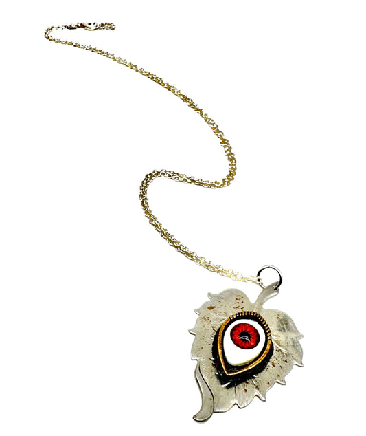 Hand made red EvilEye over antique leaf pendant w 925 silver chain, 55cm