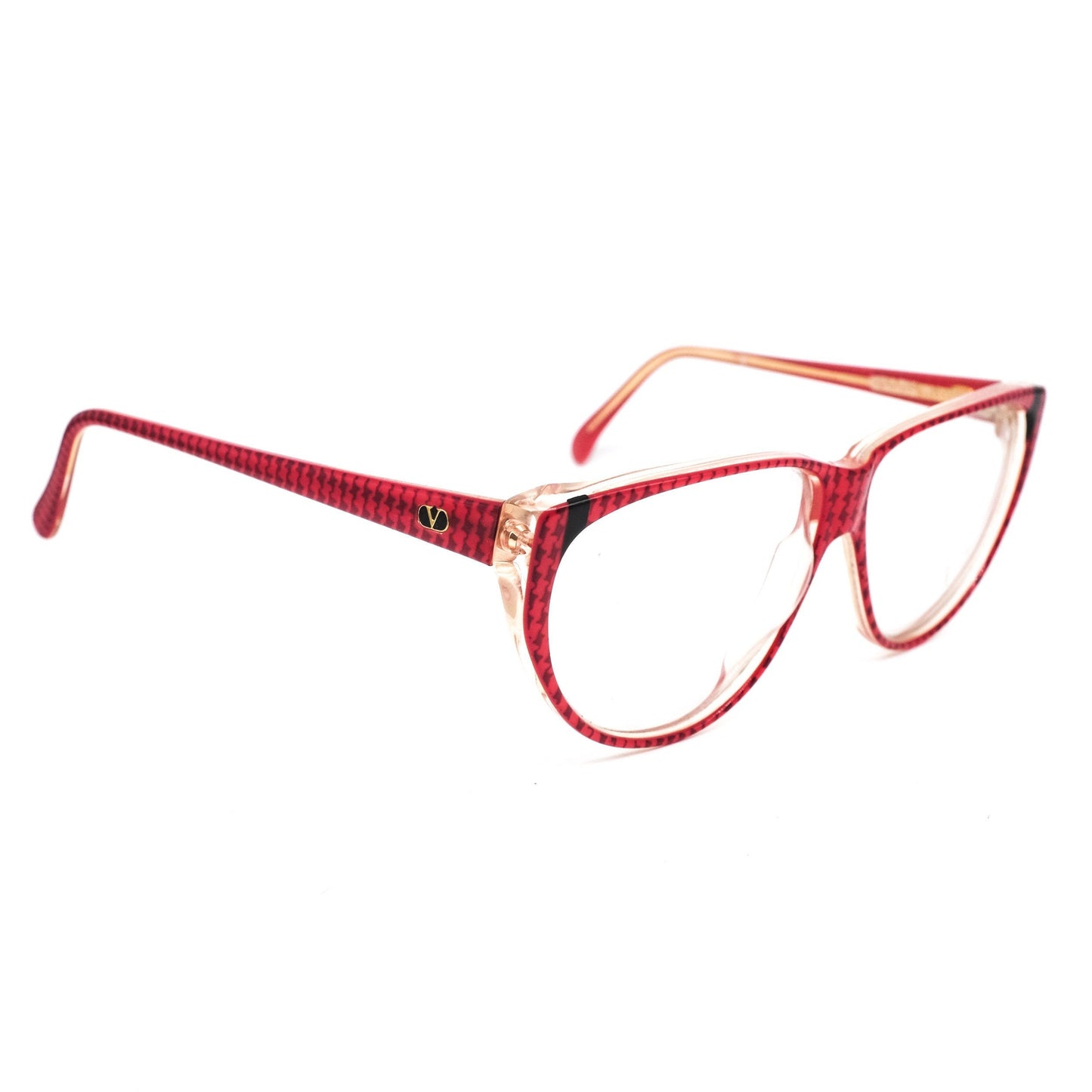 Valentino 129 red cateye cello eyeglasses frames with houndstooth pattern, 1980s NOS Italy