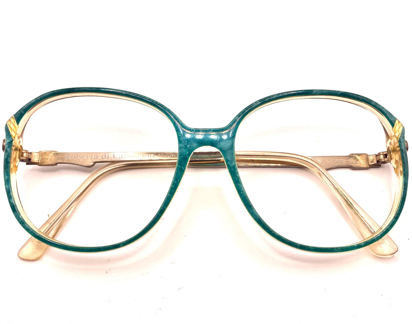 Roberta Di Camerino V35 oversized eyeglasses green/red marble frames w signature buckle temples, NOs 80s