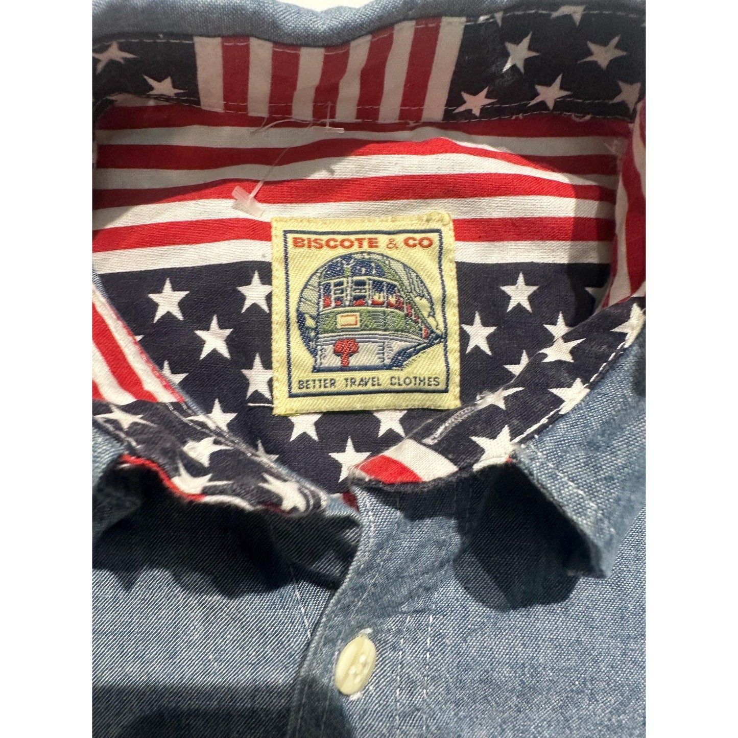 Biscote & Co denim shirt w US flag inserts at the collar, shoulders and cuffs, NoS 80s 2 pcs available.