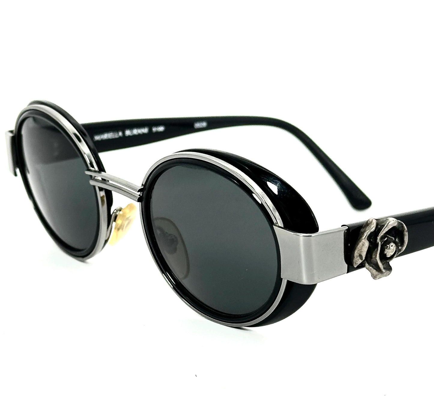 M.Burani 5100 rare black-sober round side shields sunglasses w metal rose detail, NOS 80s Italy