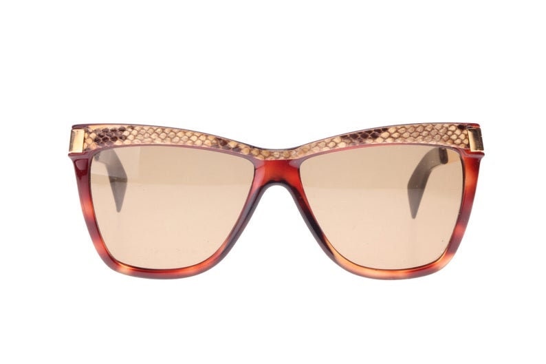 Morwen luxury square sunglasses w real snake inserts & golden temples, NOS 80s Italy